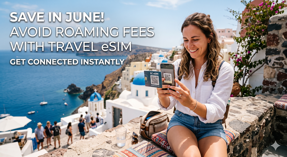 A smiling female traveler sitting on a stone wall overlooking the blue-domed churches and ocean of Santorini, Greece, using her smartphone to scan a QR code on an EC eSIM card.