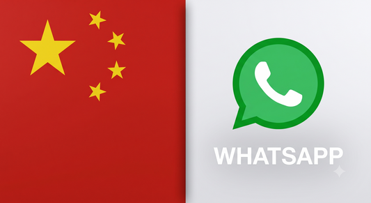 A split-screen graphic showing the national flag of China on the left and the official green WhatsApp messaging app logo with white text on the right side.