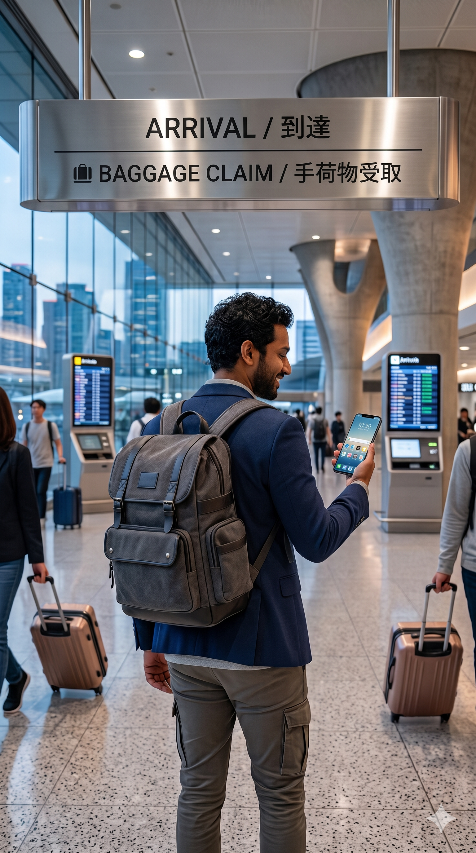 The back view of a male traveler carrying a backpack and walking through an airport arrival and baggage claim area while checking a realistic smartphone home screen with active cellular data connection.