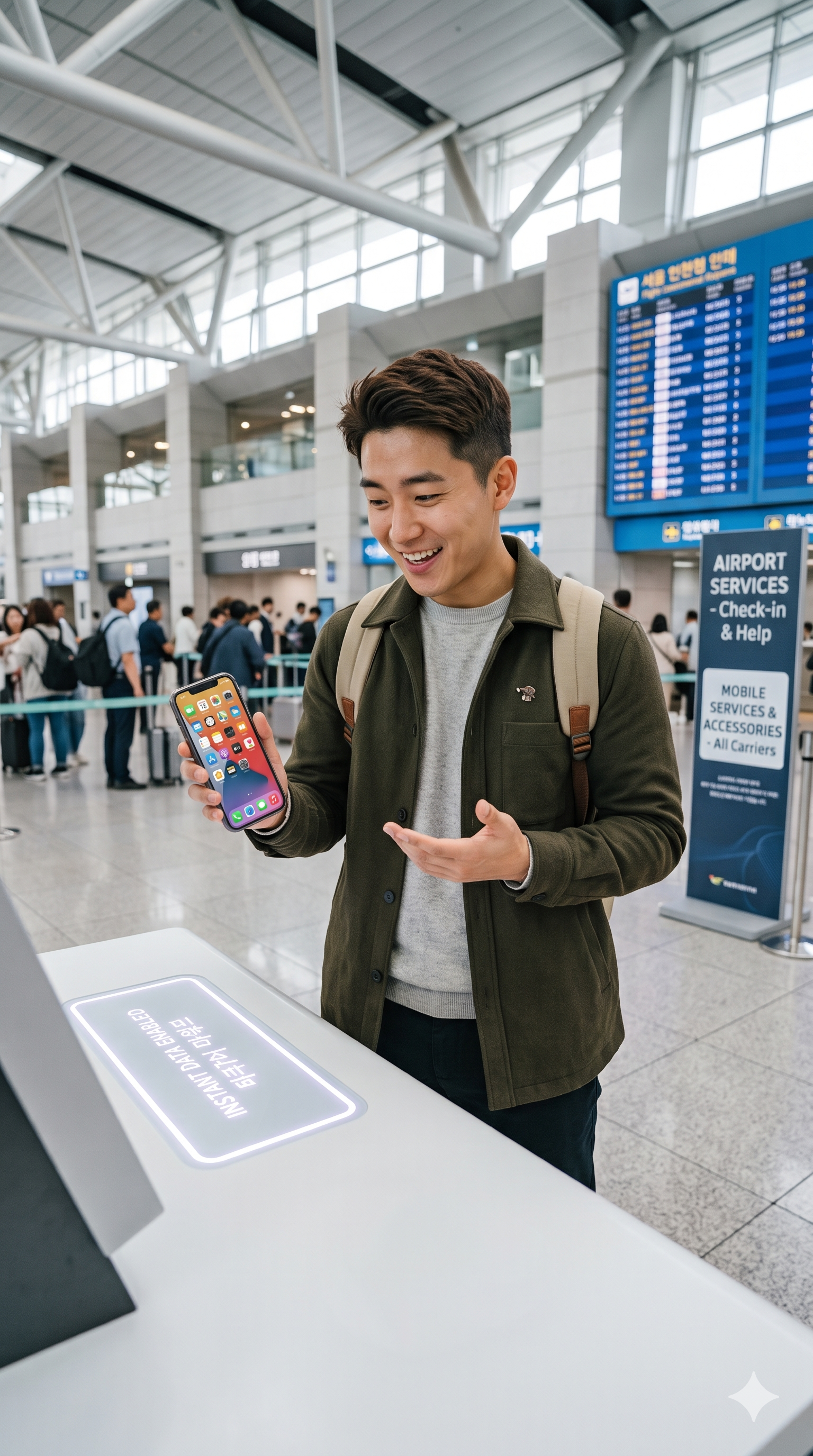 A smiling man in an airport terminal holds an iPhone showing a cellular data icon. He is standing at a kiosk with an illuminated panel that reads 'INSTANT DATA ENABLED', with a flight board visible in the background.
