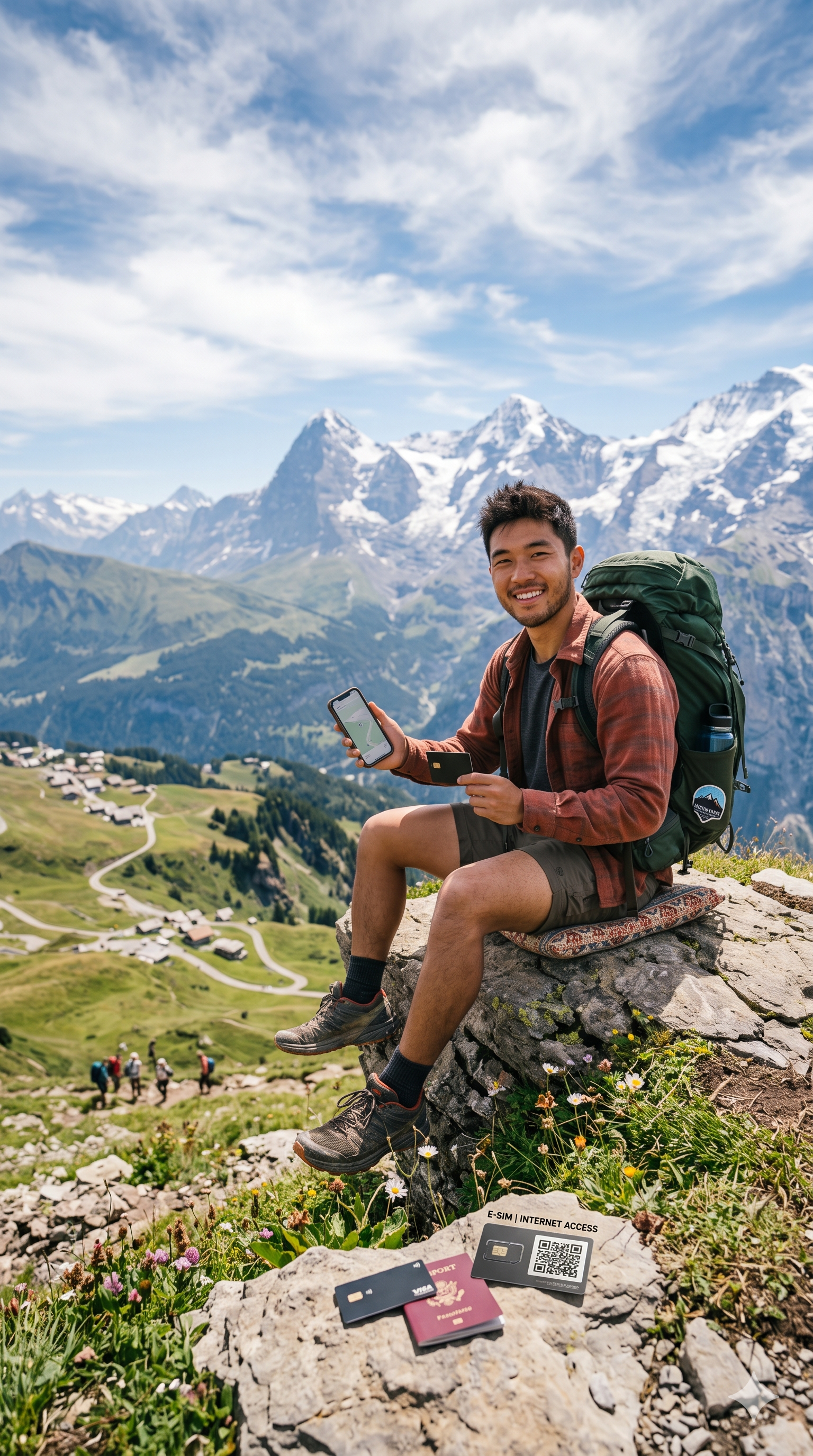 A male backpacker with a green hiking pack smiling on a mountain peak in the Swiss Alps, showing full signal bars on his smartphone while using a travel eSIM.