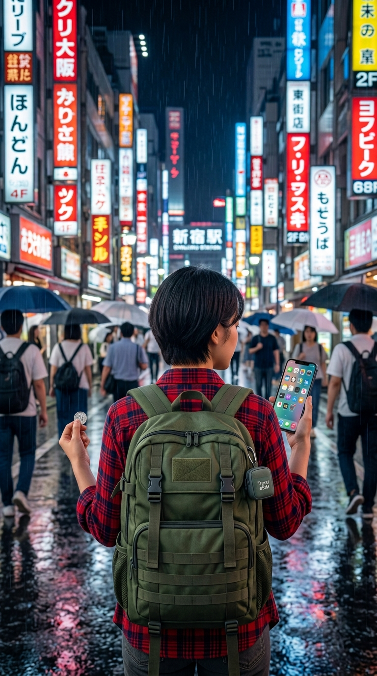The back view of a backpacker standing in a neon-lit Shinjuku street in Tokyo at night, holding a smartphone with a standard home screen app layout showing active roaming data.