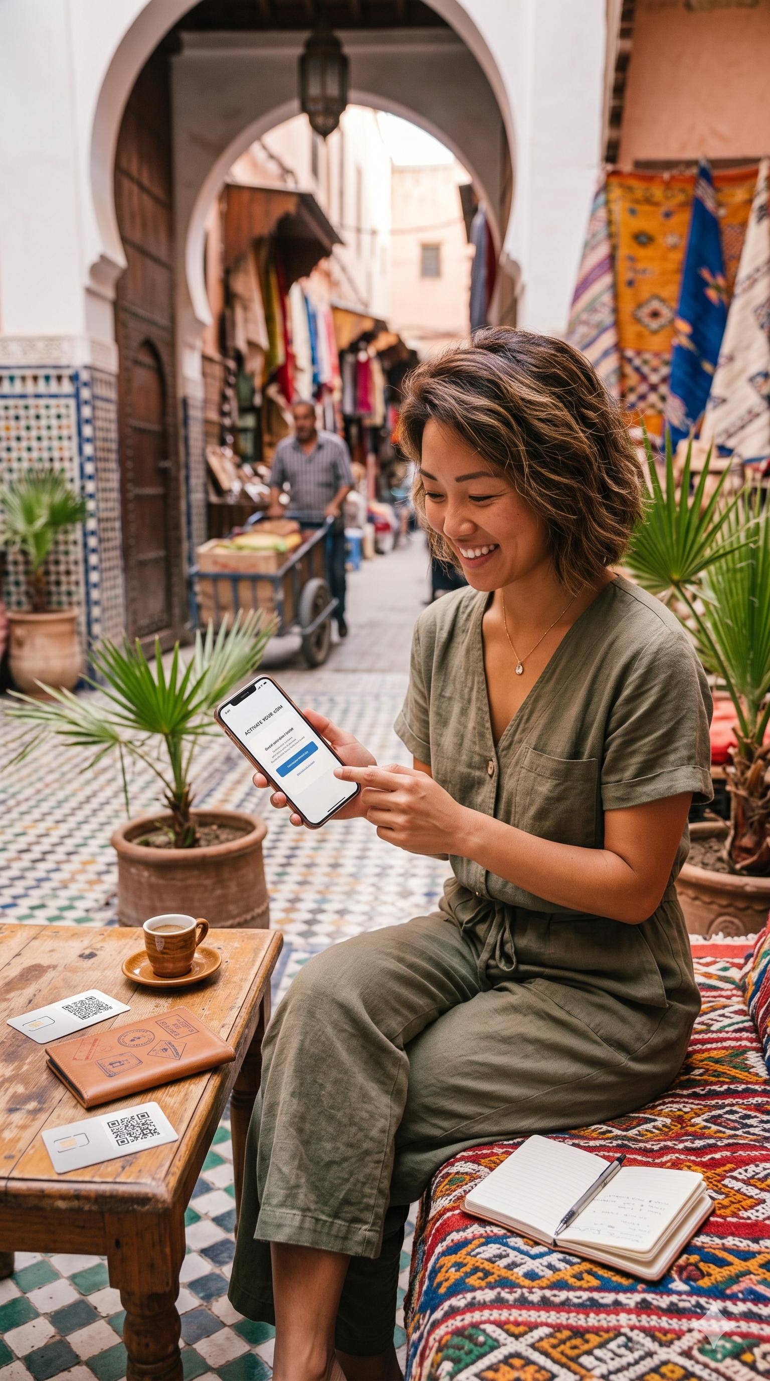 A smiling solo female traveler sitting at a cafe table in a vibrant Marrakech street market, activating her mobile data profile on her smartphone using an instant travel eSIM.