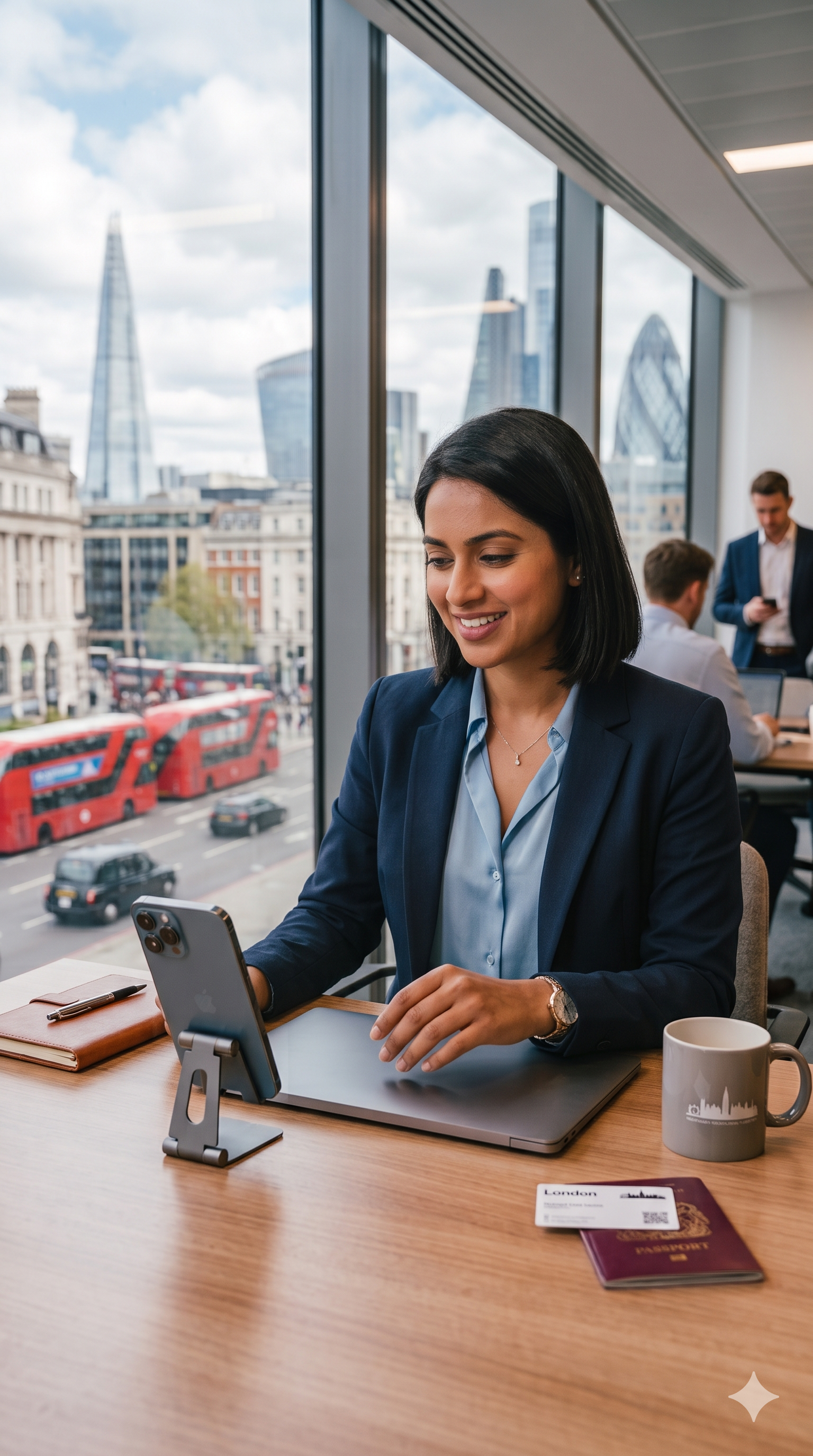 A professional businesswoman smiling during a high-speed video call on her smartphone in a London high-rise office, with iconic city skyscrapers and red double-decker buses visible through the window.